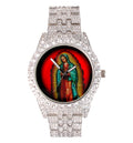 Charles Raymond The Virgin of Guadalupe Blessed Dial - Mens Hip Hop Metal Iced Out Wristwatch - Blinged Out Big Rhinestones on Trim - ST10226  Single (Silver ST10361A)