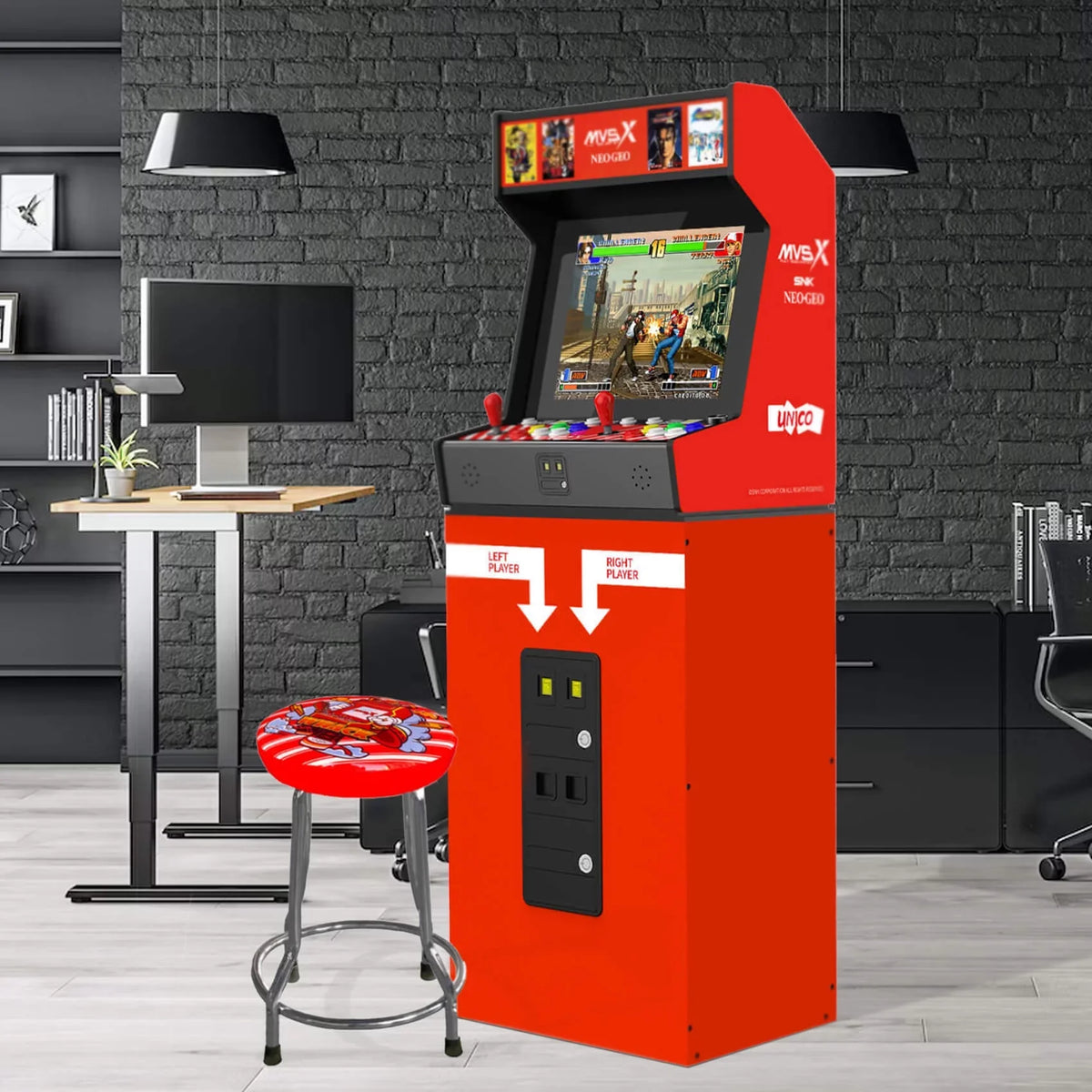 Unico    Arcade with Base and Stool Set, Pre-loaded 50  Official Genuine Retro Games, Support Two Players Fight Together by 2 Joysticks