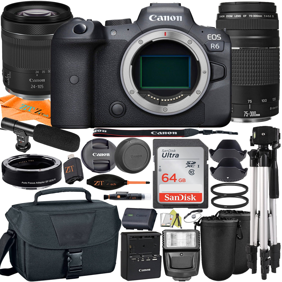 Canon  R6 Mirrorless Digital Camera with  24-105mm  + 75-300mm Lens + Mount Adapter + SanDisk 64GB + ZeeTech Accessory