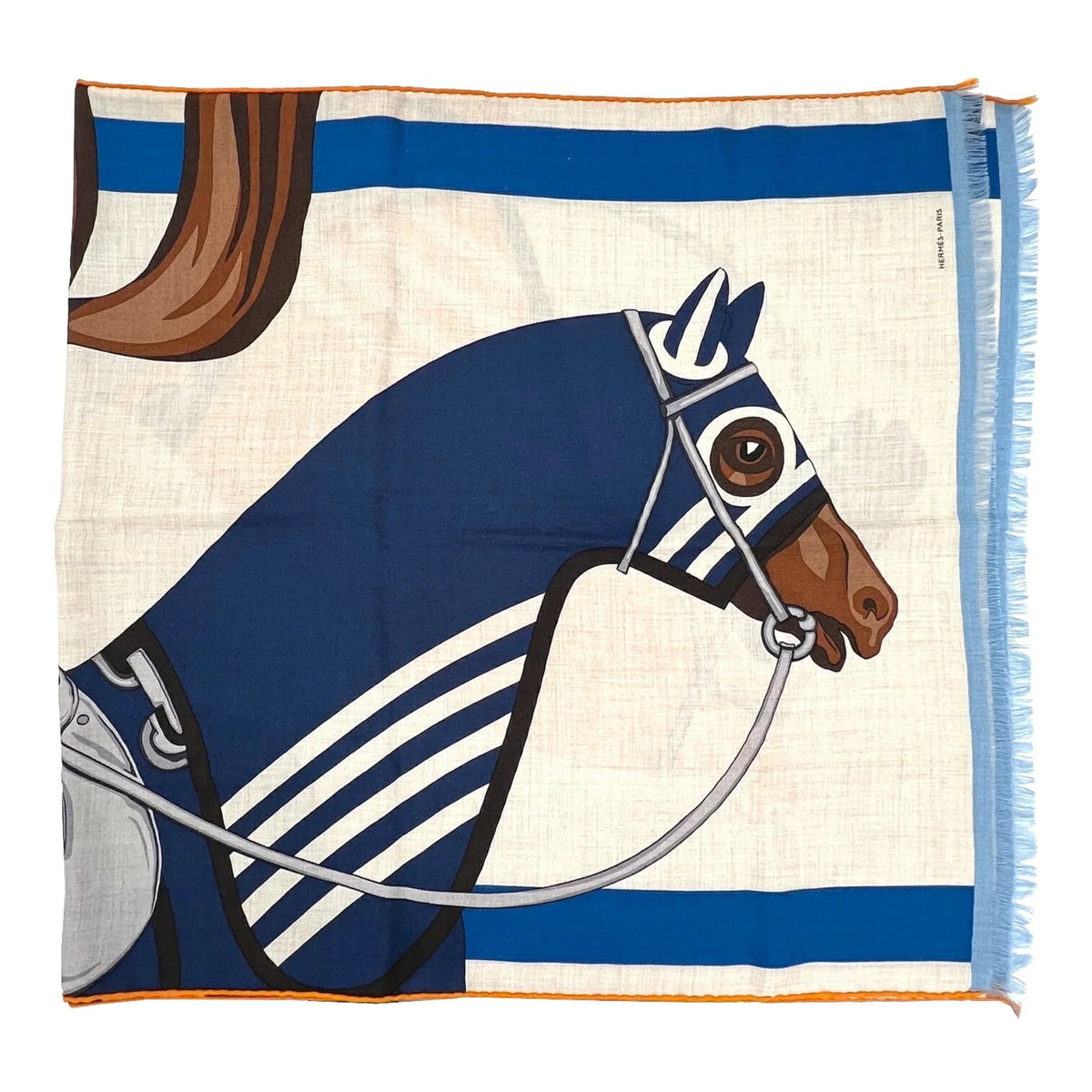 Pre-Owned  Hermes Rectangle Stole 2022 Spring/Summer Collection Natural Jaune Marine Silk Cashmere Scarf 22SS Women's Men's (Like New)