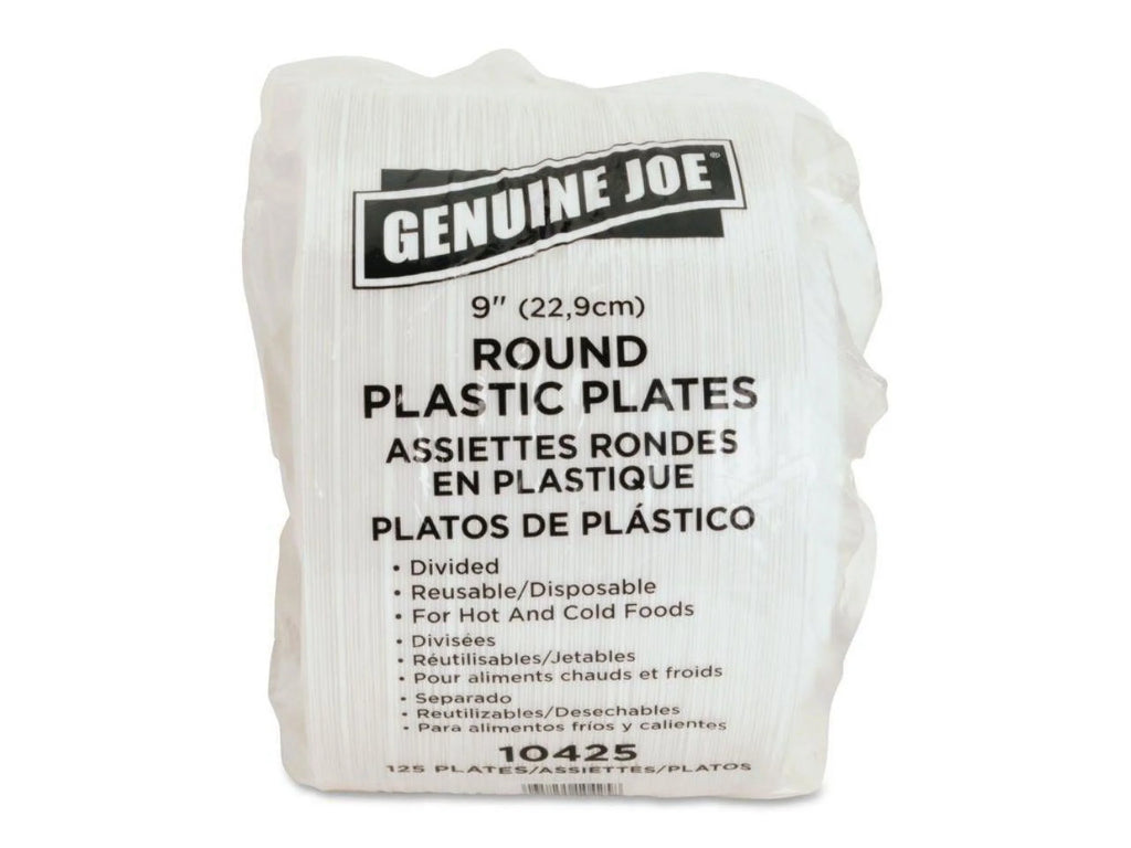 Genuine Joe 3-section Round Plastic Plates, 9", 125 Pack, GJO10425