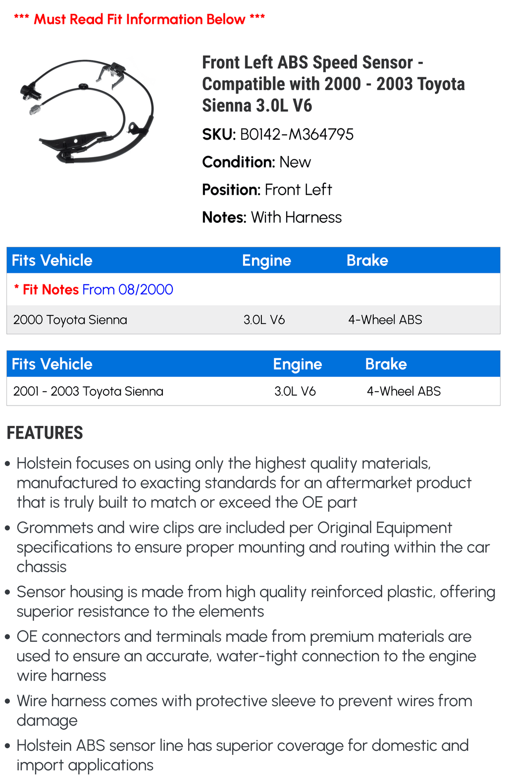 Front Left  Speed Sensor - Compatible with 2000 - 2003 Toyota Sienna 3.0L V6 2001 2002