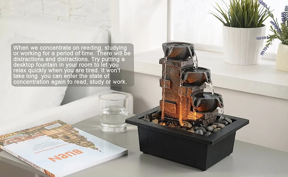 Home Décor Imitation 3-Tier Stone Wall Tabletop Fountain Many Natural River Rock Office Relaxing Waterfall Meditation Tabletop Fountain  Lights Fountain(22070)
