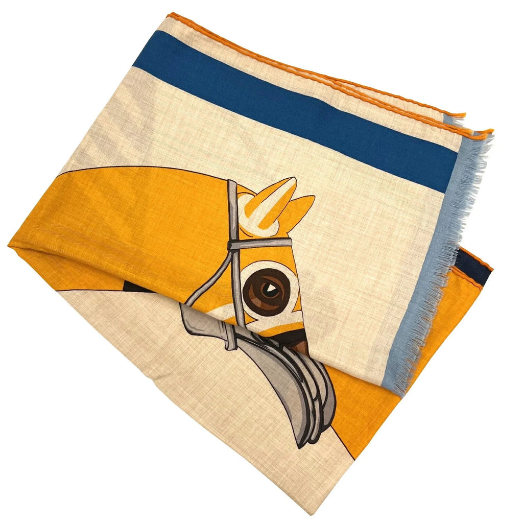 Pre-Owned  Hermes Rectangle Stole 2022 Spring/Summer Collection Natural Jaune Marine Silk Cashmere Scarf 22SS Women's Men's (Like New)