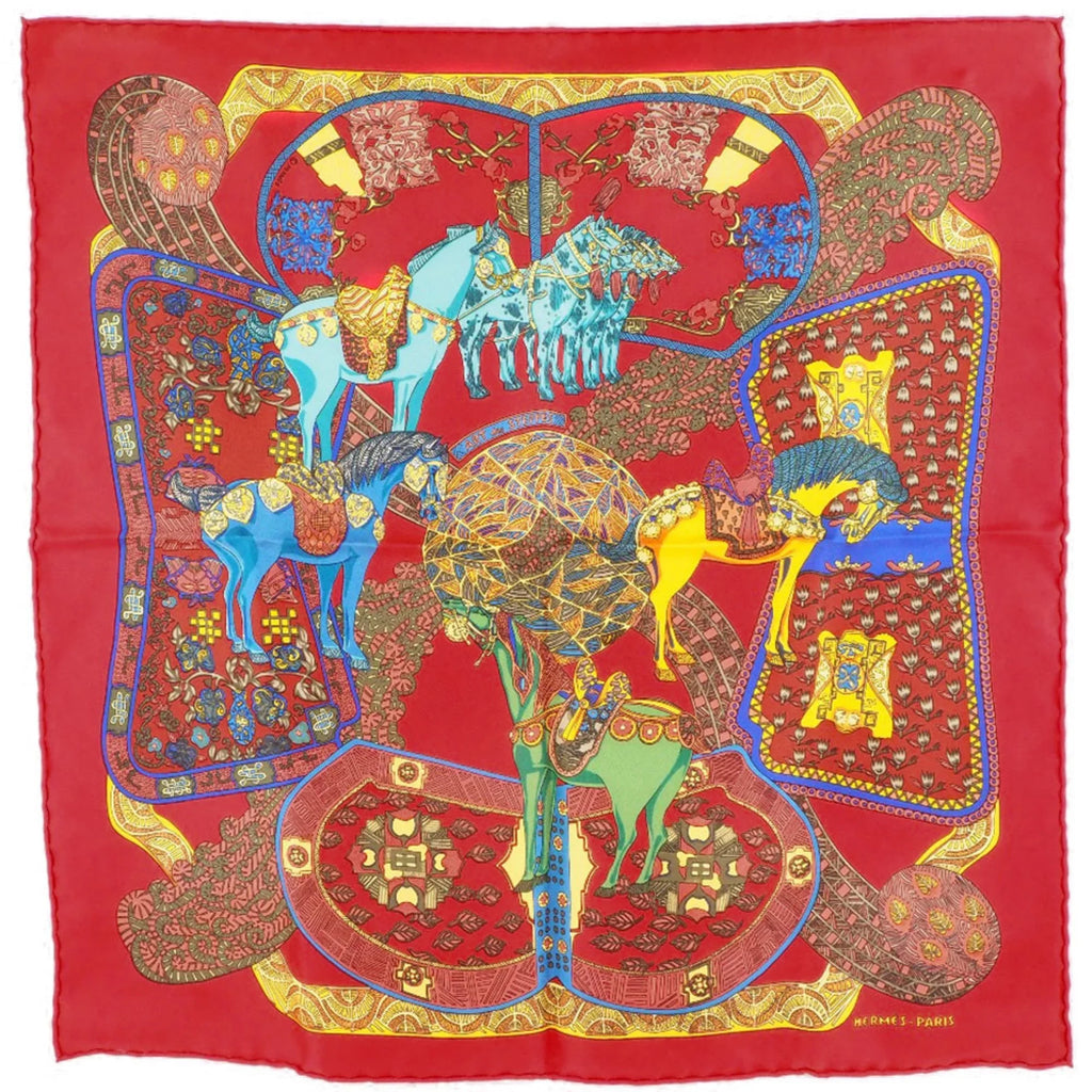 Pre-Owned Hermes Carré 45  des  Step Art Silk Red Women's Scarf (Like New)