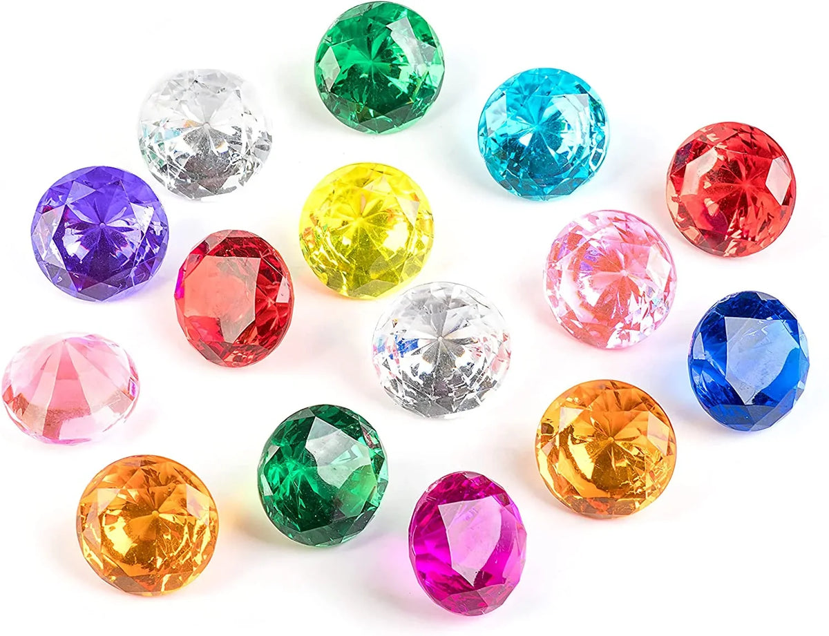 Diving Gem Pool Toy 15 Big Colorful Diamond Set with Big Treasure Chest Pirate Box Underwater Gem Diving Dive Throw Toy Set Swimming Training Gift Toy
